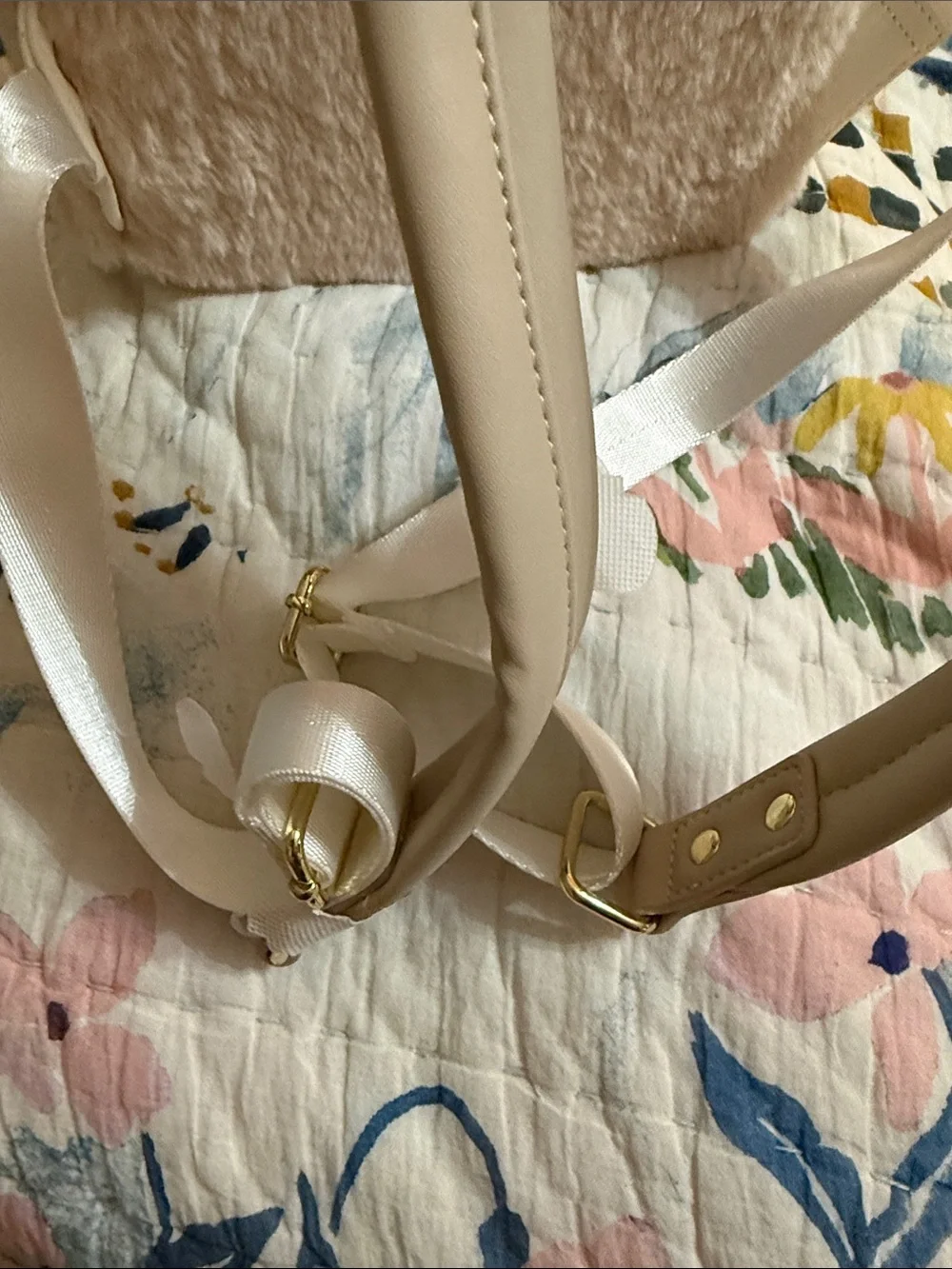 Loungefly Cream Faux Fur Kids Backpack with Cream Bow and Gold Accents